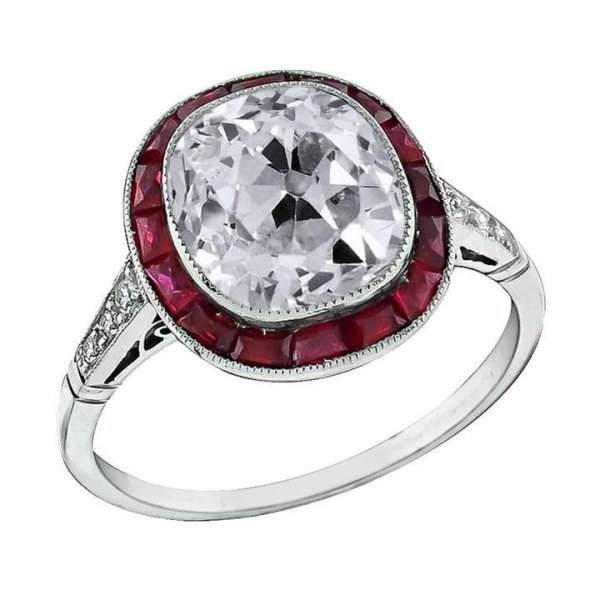 Halo Ring Old Cut Natural Cushion Diamond &amp; Rubies Bezel Set 7.75 Carats