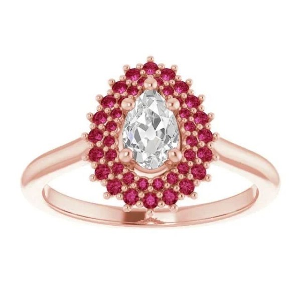 DOUBLE HALO PEAR OLD MINER GENUINE DIAMOND RING ROUND RUBIES 3.50 CARATS