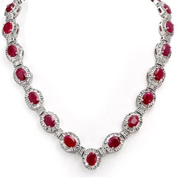 OVAL CUT RUBY AND DIAMONDS 35.50 CARATS LADY NECKLACE GOLD 14K