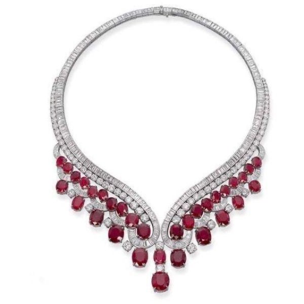 RED RUBY WITH DIAMONDS 59 CARATS LADIES NECKLACE 14K WHITE GOLD