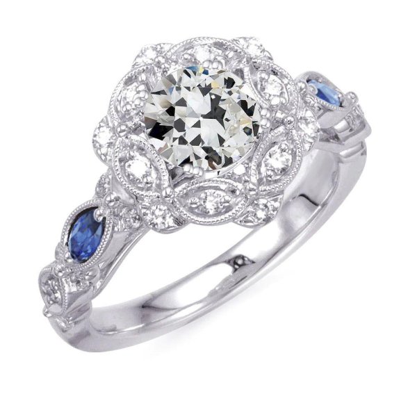 ROUND OLD CUT REAL DIAMOND &amp; MAROUISE SAPPHIRES RING 4.50 CARATS MILGRAIN