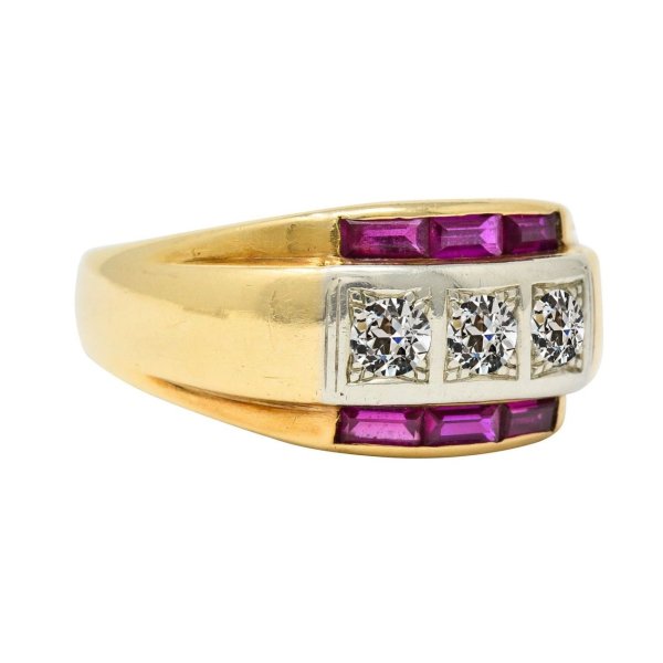 ROUND OLD CUT DIAMOND RING WITH BAGUETTE PINK SAPPHIRES 4.25 CARATS