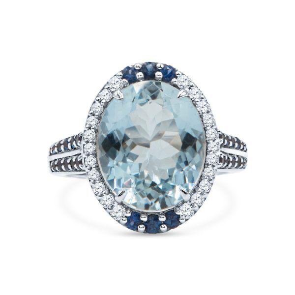 18k Aquamarine, Sapphire And Diamond Ring