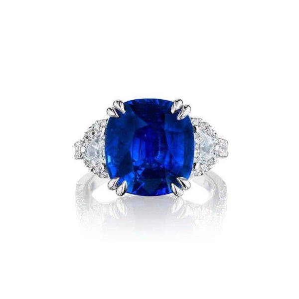 Cushion Cut Sapphire And Half Moon Diamond Ring With Diamond Halo ring