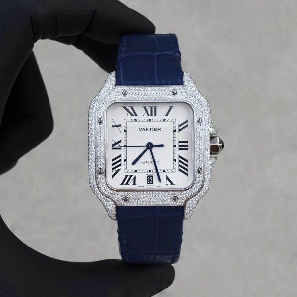 Diamond Cartier Santos 40mm, Stainless Steel - Leather Strap